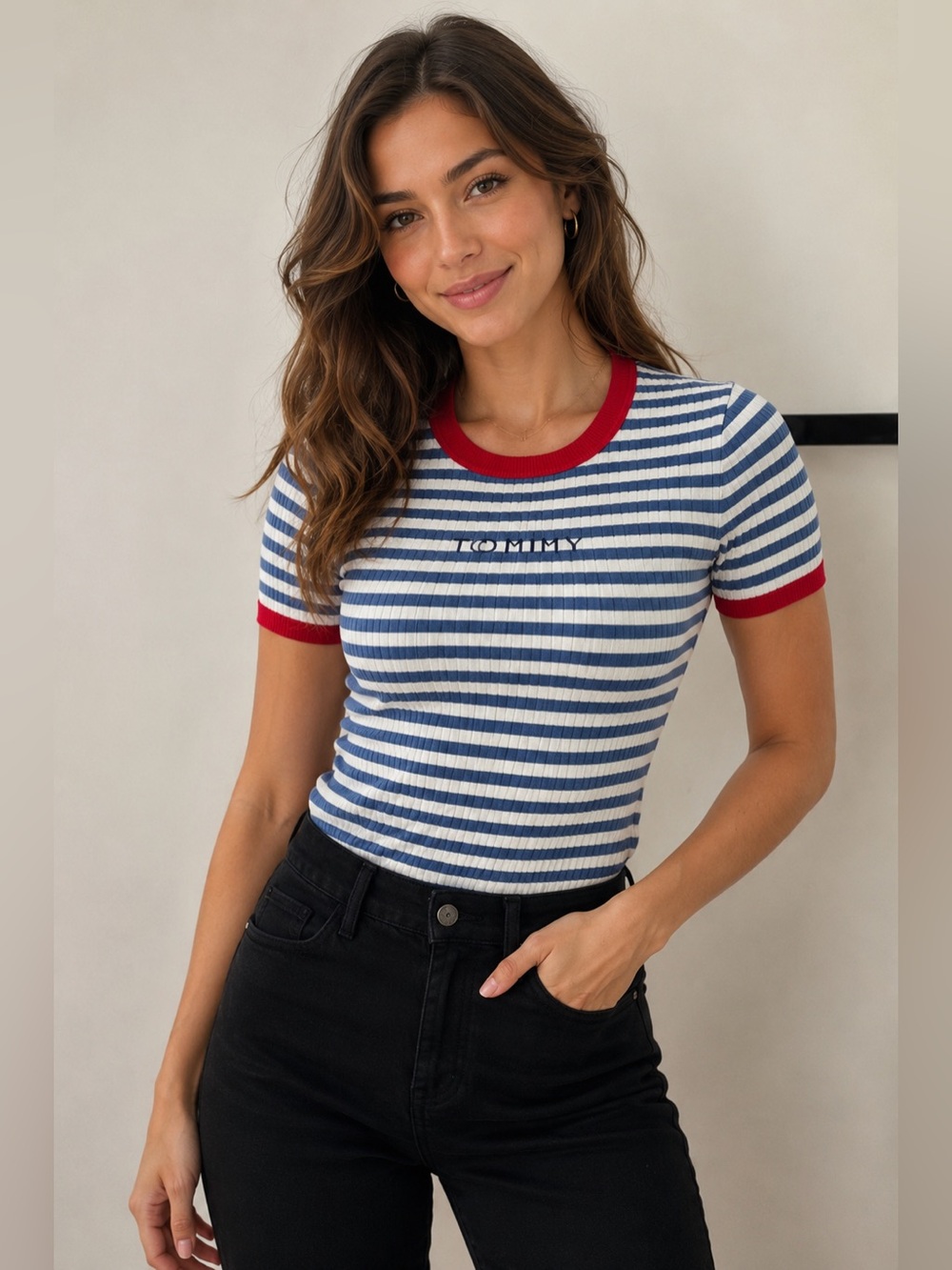 Tommy Hilfiger Size Small Women's Blue and Red Striped Tee